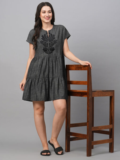 Women's Black Cotton Tiered Dress - Image 2