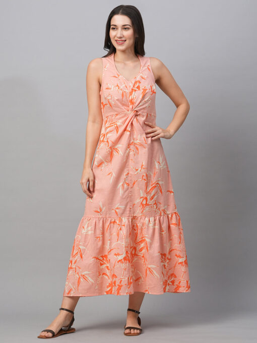 Women's Peach Cotton Linen Regular Fit Dress - Image 3