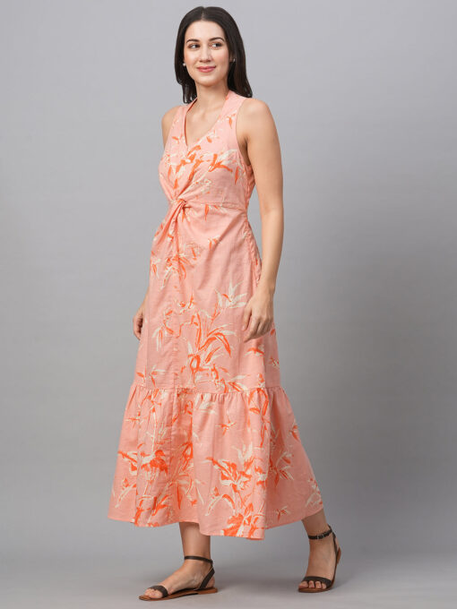 Women's Peach Cotton Linen Regular Fit Dress - Image 4