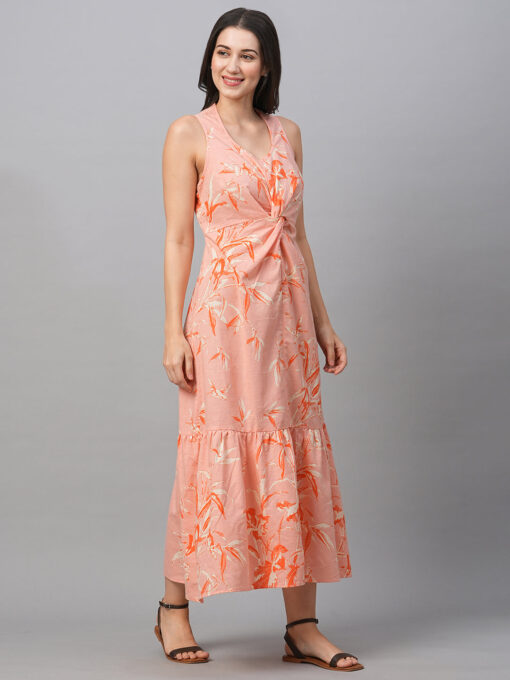 Women's Peach Cotton Linen Regular Fit Dress - Image 5