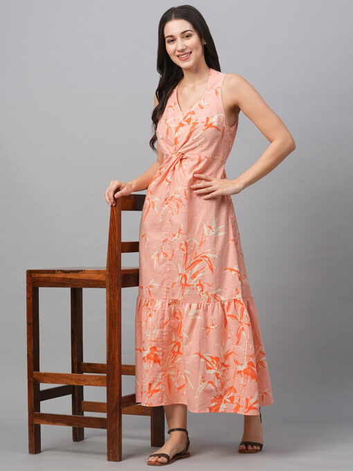 Women's Peach Cotton Linen Regular Fit Dress - Image 2