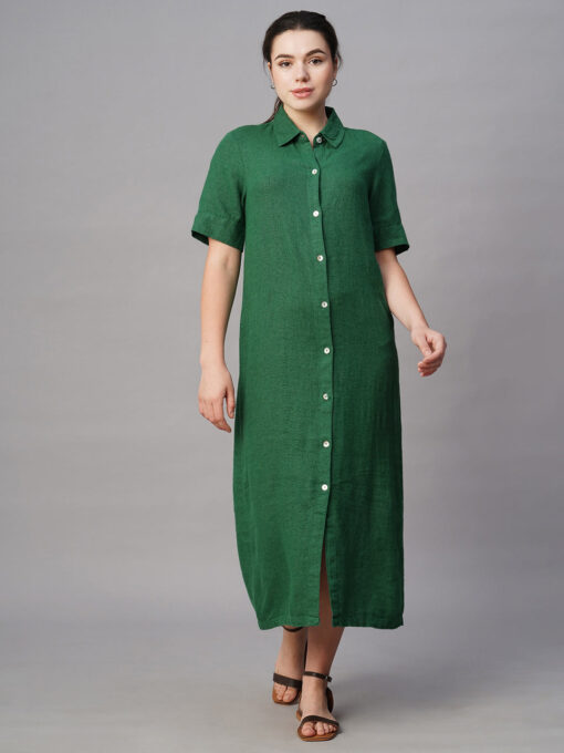 Women's Green Linen Viscose Regular Fit Dress - Image 2