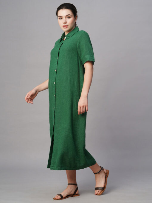 Women's Green Linen Viscose Regular Fit Dress - Image 3