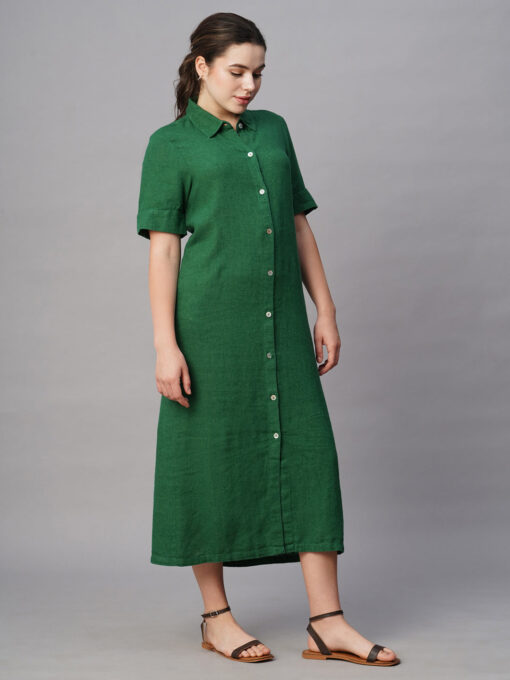 Women's Green Linen Viscose Regular Fit Dress - Image 4