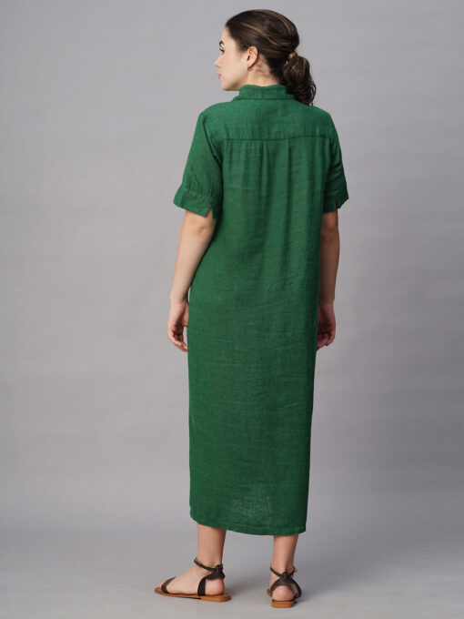 Women's Green Linen Viscose Regular Fit Dress - Image 5