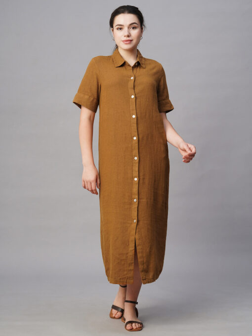 Women's Mustard Linen Viscose Regular Fit Dress - Image 2