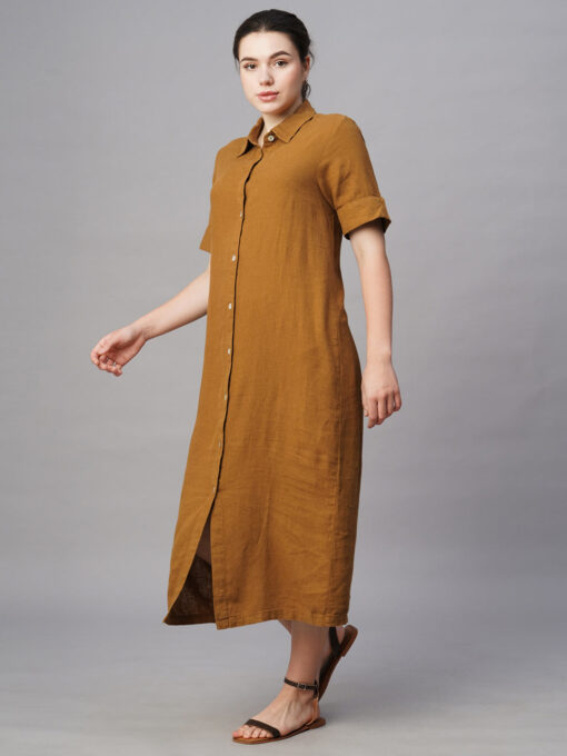 Women's Mustard Linen Viscose Regular Fit Dress - Image 3