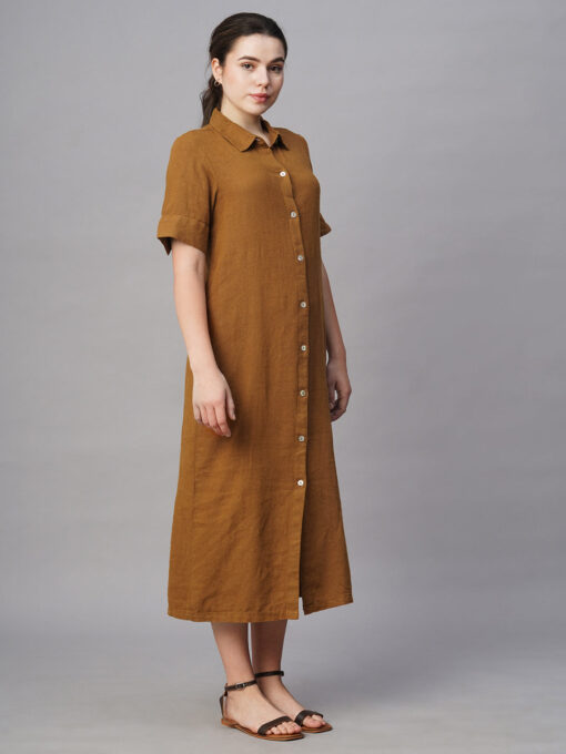 Women's Mustard Linen Viscose Regular Fit Dress - Image 4