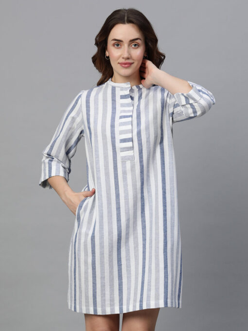 Women's Blue Cotton Linen Regular Fit Dress - Image 2