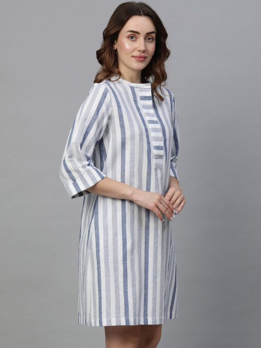 Women's Blue Cotton Linen Regular Fit Dress - Image 4