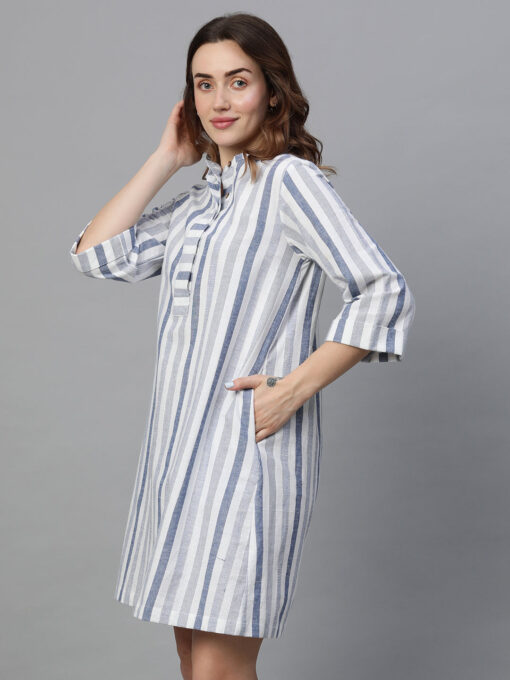 Women's Blue Cotton Linen Regular Fit Dress - Image 3