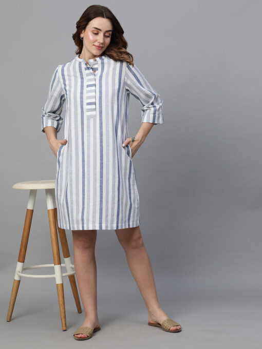 Women's Blue Cotton Linen Regular Fit Dress