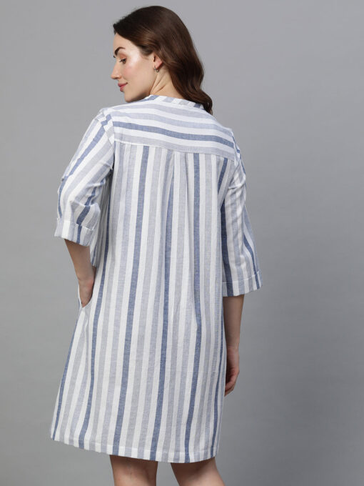 Women's Blue Cotton Linen Regular Fit Dress - Image 5