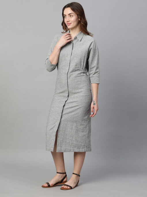 Women's Grey Cotton Linen Regular Fit Dress - Image 3