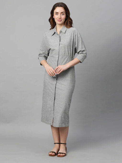 Women's Grey Cotton Linen Regular Fit Dress - Image 2