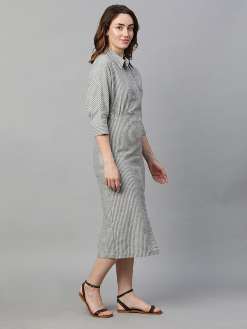 Women's Grey Cotton Linen Regular Fit Dress - Image 4