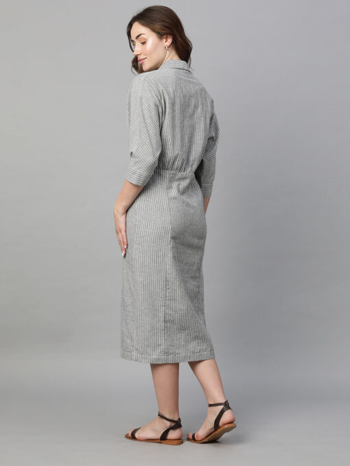 Women's Grey Cotton Linen Regular Fit Dress - Image 5