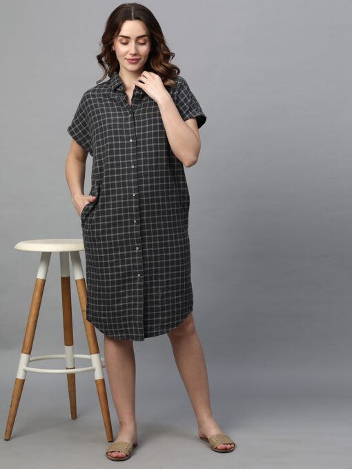 Women's Black Cotton Linen Boxy Fit Dress