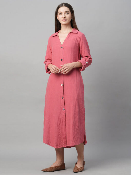 Women's Pink Cotton Boxy Fit Dress - Image 2