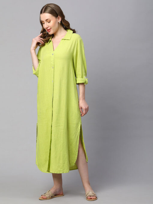 Women's Lime Linen Viscose Boxy Fit Dress - Image 3