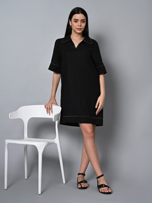 Women's Black Linen Viscose Regular Fit Dress