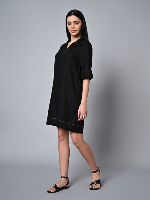 Women's Black Linen Viscose Regular Fit Dress - Image 3