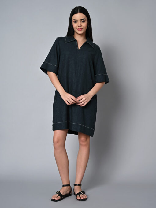 Women's Darkgreen Linen Viscose Regular Fit Dress - Image 2