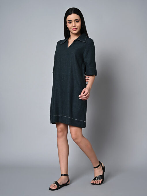 Women's Darkgreen Linen Viscose Regular Fit Dress - Image 3