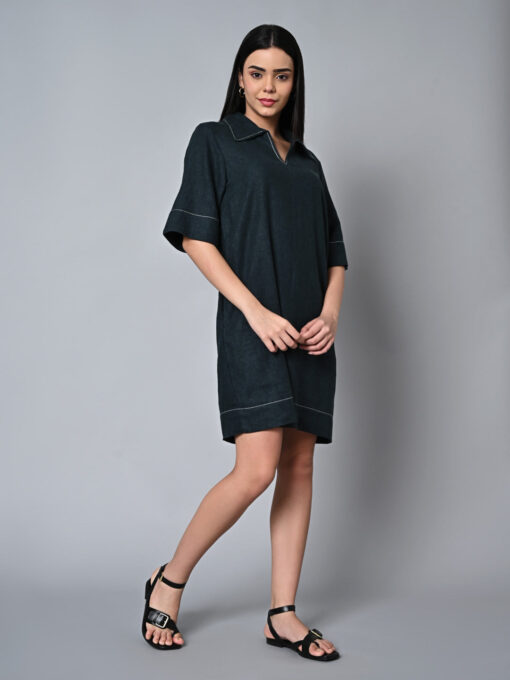 Women's Darkgreen Linen Viscose Regular Fit Dress - Image 4