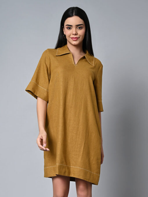 Women's Mustard Linen Viscose Regular Fit Dress - Image 2