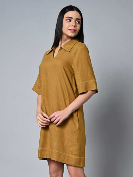 Women's Mustard Linen Viscose Regular Fit Dress - Image 3