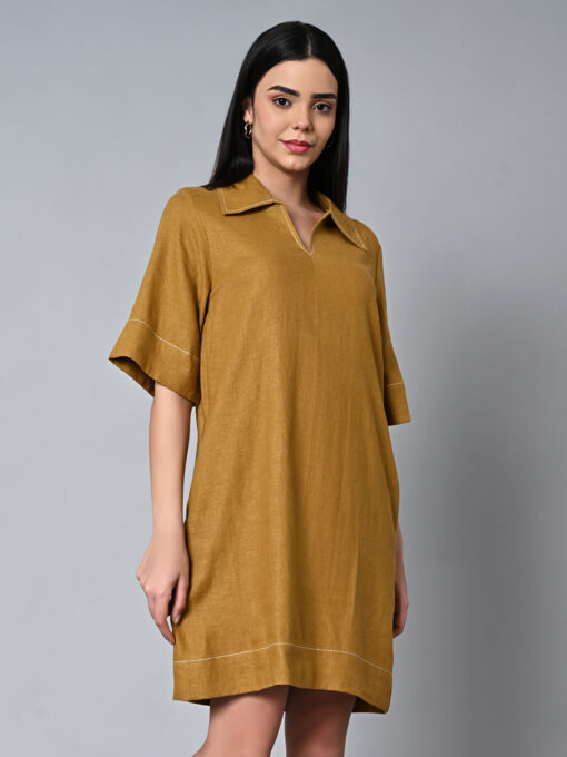 Women's Mustard Linen Viscose Regular Fit Dress - Image 4