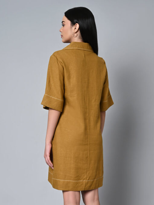 Women's Mustard Linen Viscose Regular Fit Dress - Image 5