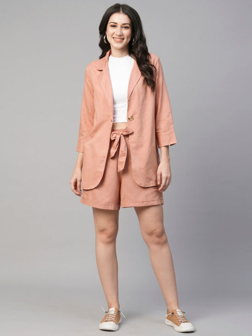 Women's Peach Viscose Linen Cotton Regular Fit Jacket - Image 2