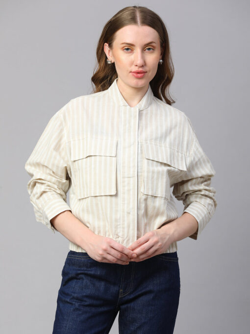 Women's Khaki Cotton Linen Boxy Fit Jacket - Image 2