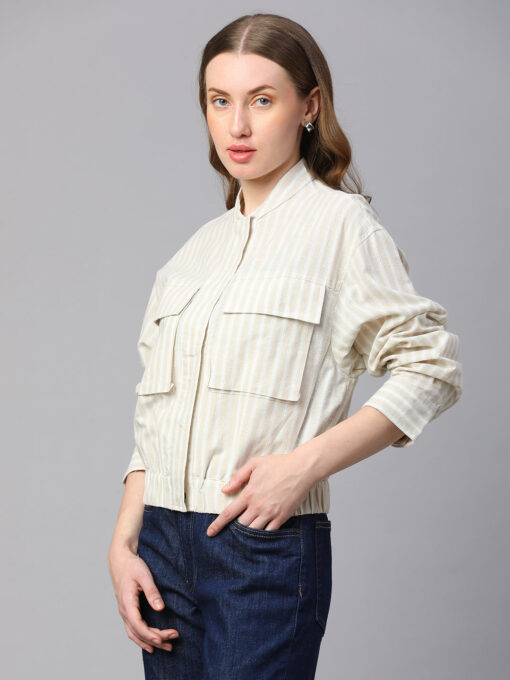 Women's Khaki Cotton Linen Boxy Fit Jacket - Image 3