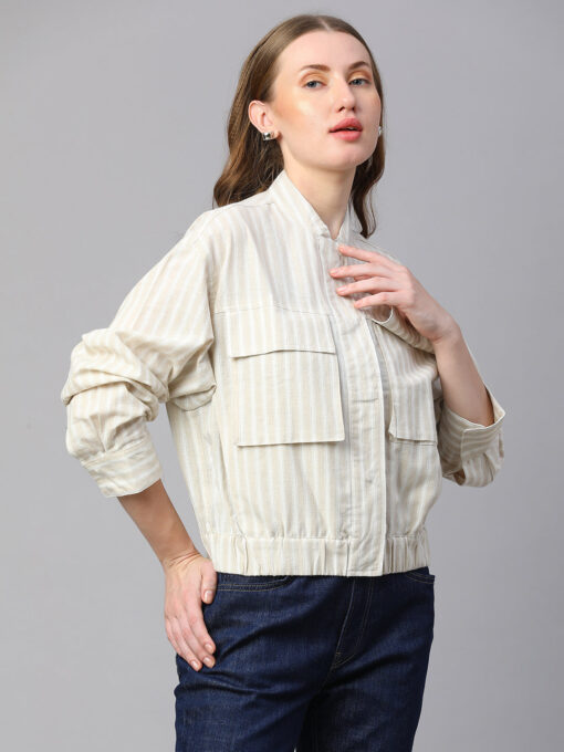 Women's Khaki Cotton Linen Boxy Fit Jacket - Image 4