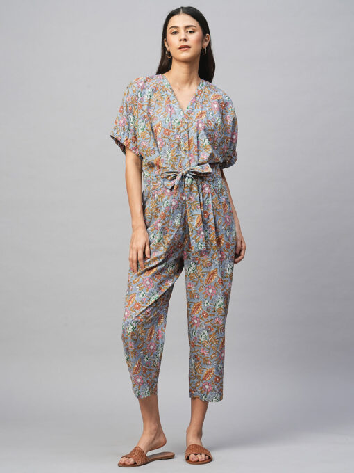 Women's Cotton Blue Regular Fit Jumpsuit - Image 2