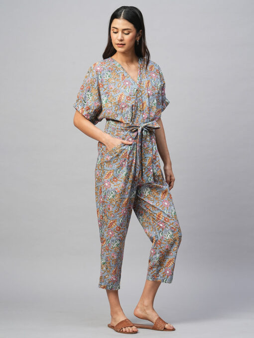 Women's Cotton Blue Regular Fit Jumpsuit - Image 4