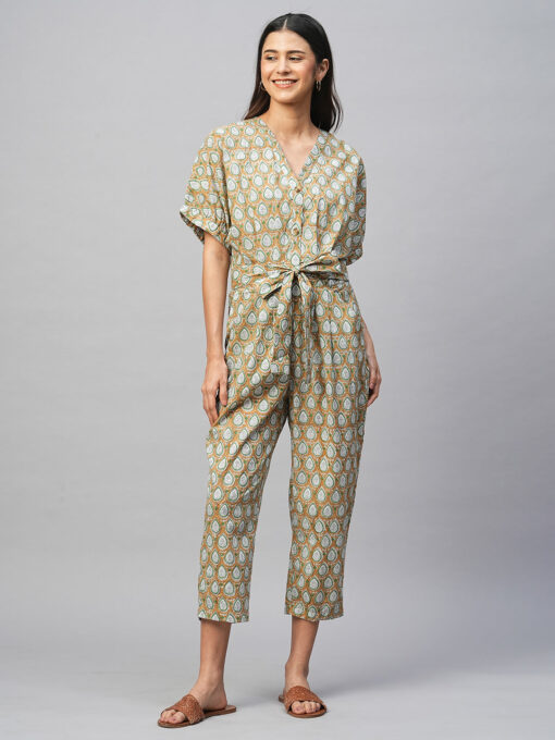 Women's Cotton Mustard Regular Fit Jumpsuit - Image 2