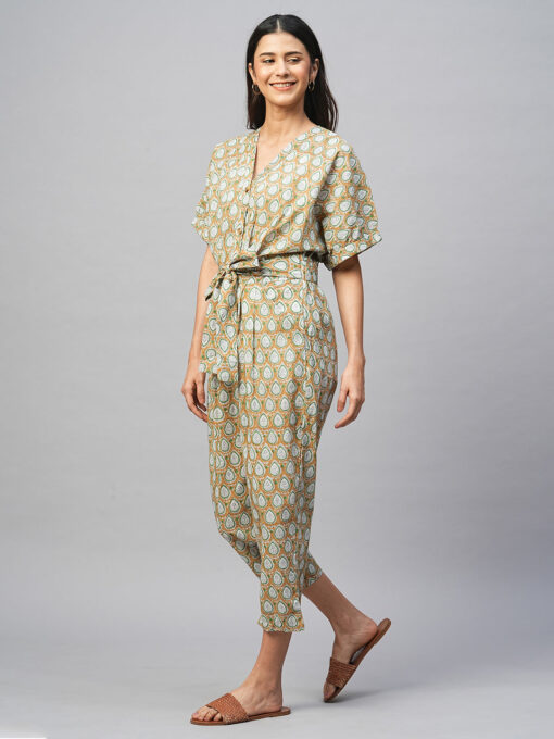 Women's Cotton Mustard Regular Fit Jumpsuit - Image 3