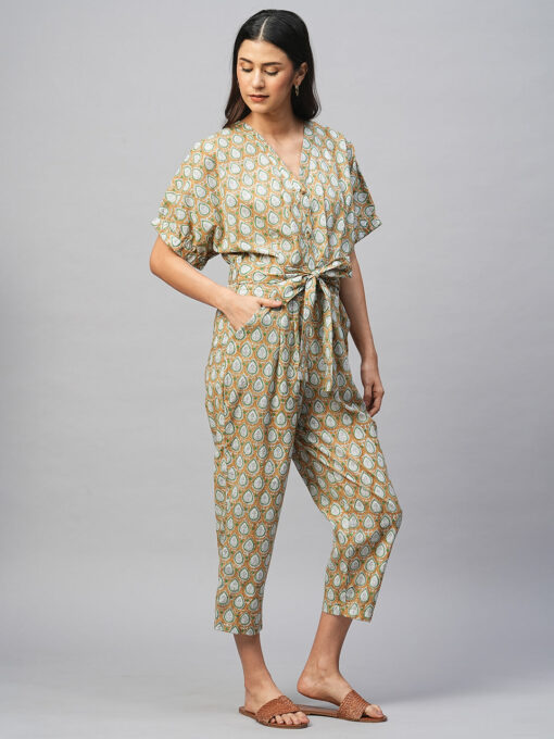 Women's Cotton Mustard Regular Fit Jumpsuit - Image 4