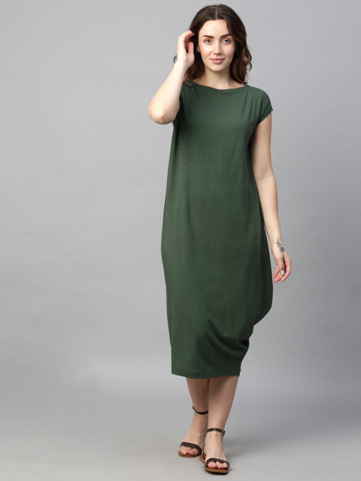 Women's Green Cotton Bamboo Elastane Regular Fit Kdress - Image 2