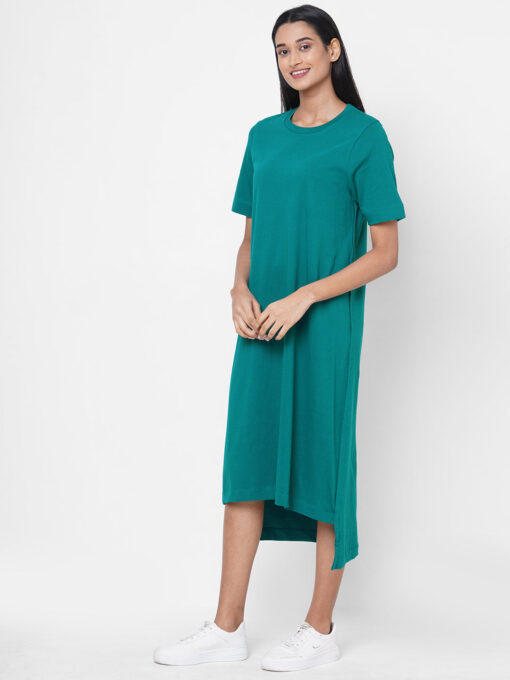 Women's Teal Cotton Regular Fit Knit Dress - Image 2