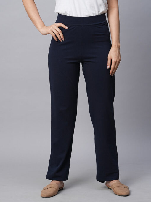 Women's Navy Cotton Elastane Regular Fit Pant - Image 2