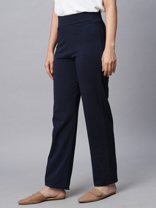 Women's Navy Cotton Elastane Regular Fit Pant - Image 3