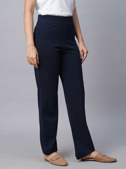 Women's Navy Cotton Elastane Regular Fit Pant - Image 4