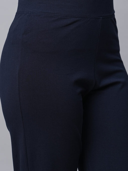 Women's Navy Cotton Elastane Regular Fit Pant - Image 6