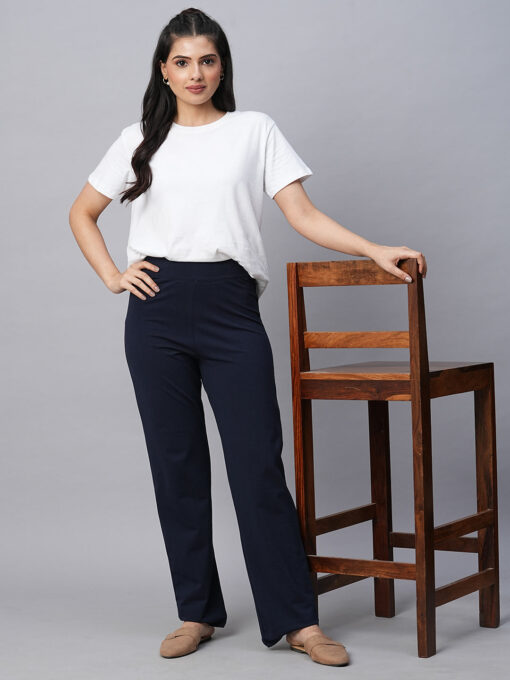 Women's Navy Cotton Elastane Regular Fit Pant