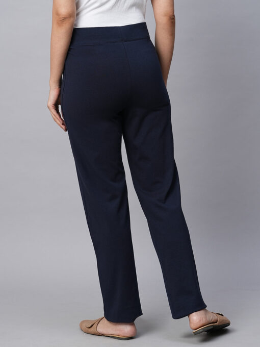 Women's Navy Cotton Elastane Regular Fit Pant - Image 5